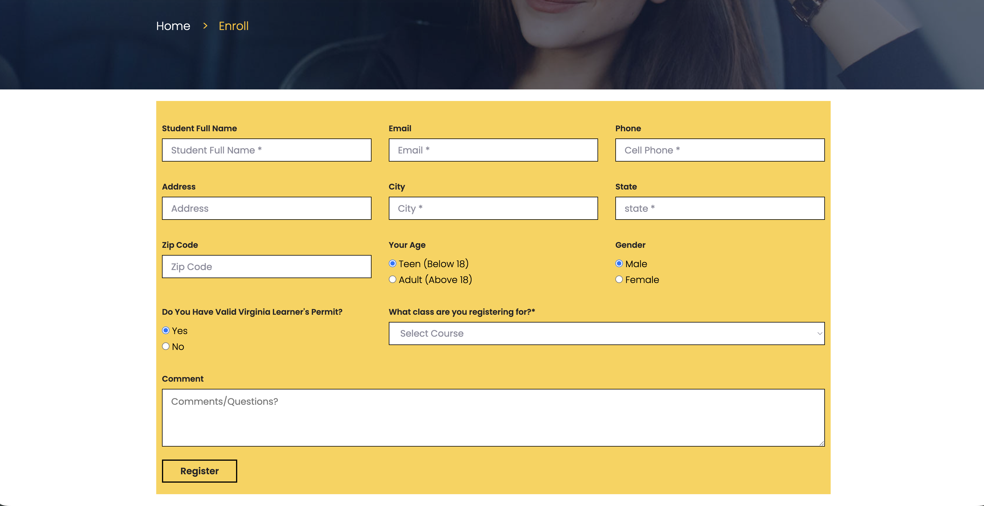 Driving school registration form with 11 fields including gender